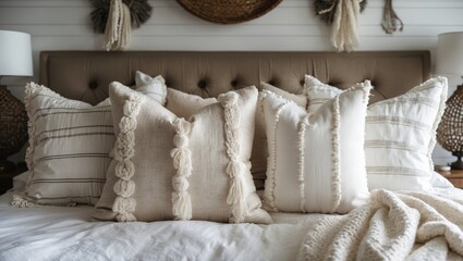 Poster - Neutral-toned decorative pillows arranged symmetrically on a cozy bed against a soft beige headboard with textured wall details in the background