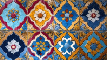 Poster - Vibrant decorative tile pattern featuring intricate flowers in blues, reds, and yellows arranged in a symmetrical grid on a textured surface.