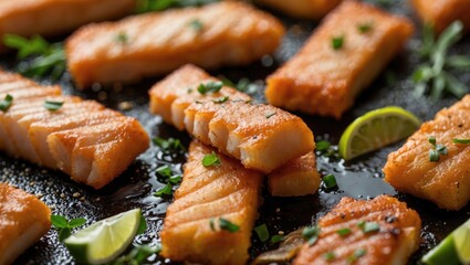 Poster - Savory grilled salmon fillets garnished with fresh herbs and lime wedges arranged on a dark textured surface with ample negative space for text