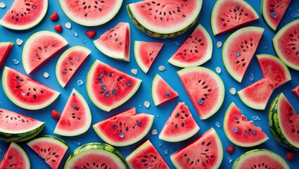 Poster - Colorful arrangement of fresh watermelon slices in varying sizes on a vibrant blue background with ample copy space for text or design.