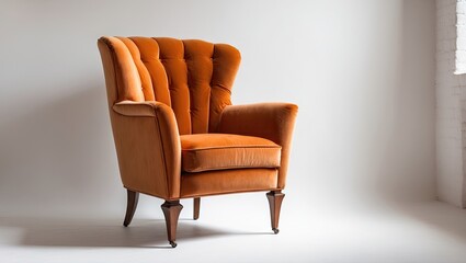 Aufkleber - Classic Art Deco armchair upholstered in rich orange velvet with elegant wooden legs, positioned against a clean, minimalist white background.