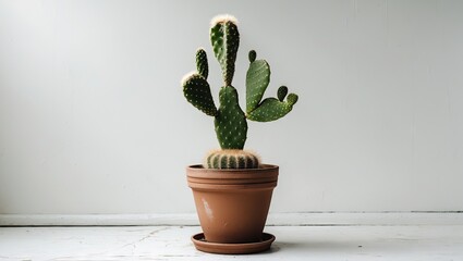 Aufkleber - Cactus with multiple pads in a brown pot on a white background with soft lighting highlighting the green textures and earthy tones of the pot.