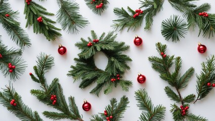Poster - Christmas flat lay featuring a conifer branch garland and wreath arranged with red berries and baubles on a white background with ample copy space.