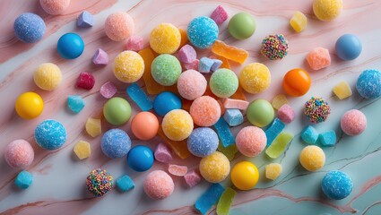 Poster - Colorful assortment of sweets in vibrant pastel shades scattered on a soft pink and blue marble background with various textures and shapes.