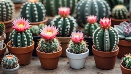 Aufkleber - Colorful cacti with vibrant pink flowers arranged in terracotta and white pots on a wooden surface creating a lively home decor ambiance.
