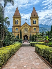 Aufkleber - A large yellow church with two towers and a walkway, suitable for travel or architecture images
