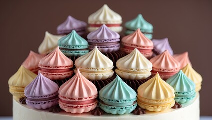 Poster - Colorful macaroons in pastel hues stacked on a creamy cake with a rich chocolate background, creating an elegant dessert display.