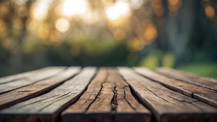 Aufkleber - Close-up of a weathered wooden table in warm brown tones with a softly blurred green and golden background creating a serene outdoor atmosphere.
