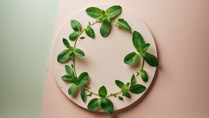 Poster - Circular arrangement of vibrant rue and mint leaves on a soft pastel background with a neutral circular base, creating a fresh botanical aesthetic.