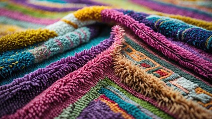 Poster - Colorful close-up of intricate carpet texture featuring magenta, teal, and golden hues with overlapping fibers creating a rich visual depth.