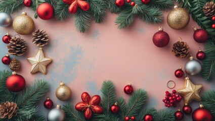 Poster - Pastel Christmas background with gold red and silver ornaments pine cones and green pine branches arranged on a concrete surface top view