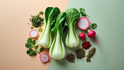 Poster - Fresh bok choy, red radishes, and coriander with spices on contrasting pastel peach and green background, arranged in a vibrant top view composition.