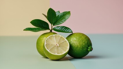 Poster - Fresh green limes with half slice and green leaves on a soft pastel background featuring yellow and pink tones, ideal for food and health themes.
