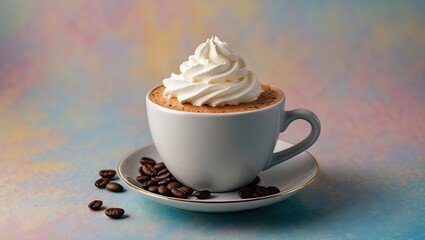 Poster - Coffee cup with whipped cream on pastel blue and pink background, coffee beans scattered around, soft focus enhancing the cozy ambiance.