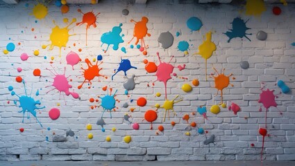 Aufkleber - Colorful paint splatters in vibrant yellow, blue, pink, and gray against a textured white brick wall with ample copy space for design or text.