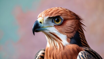 Poster - Close-up portrait of a majestic Red Kite with detailed feathers and a striking yellow eye set against a soft pastel gradient background.