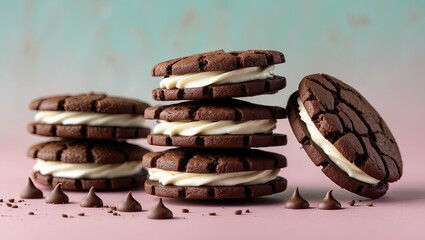 Poster - Chocolate cream-filled cookies stacked on pink pastel surface with mint green backdrop, accented by chocolate chips in foreground.