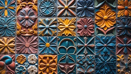 Aufkleber - Decorative patterned tiles in earthy tones of blue, orange, and yellow arranged in a vibrant, textured design creating a lively backdrop.