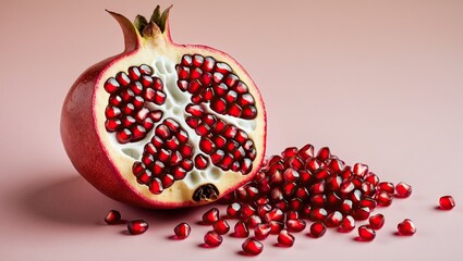 Poster - Freshly cut pomegranate showcasing vibrant red seeds scattered on a soft pastel pink background with strong focus on details and textures of fruit.