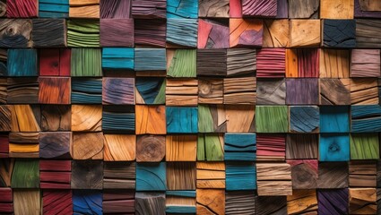 Poster - Colorful wooden tiles arranged in a grid pattern showcasing vibrant hues of blue, green, orange, and purple with a rich wood texture background.
