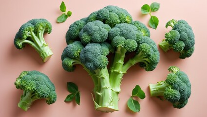 Poster - Broccoli clustered on a light pastel pink background with scattered green leaves creating a fresh and vibrant food composition.