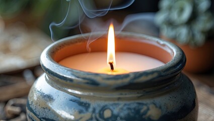 Aufkleber - Close-up of a glowing candle in a textured ceramic pot with swirling smoke against a blurred natural background in earthy tones.