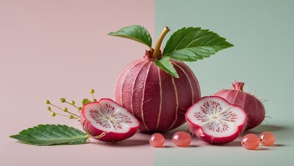 Poster - Cape gooseberry on pastel background with pink and green sections, featuring whole fruit and sliced pieces with green leaves and glossy beads.