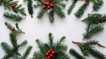 Poster - Christmas flat lay composition with conifer branches and red berries arranged in a circular pattern on a white background creating ample copy space.