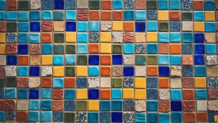 Aufkleber - Vibrant mosaic tile pattern featuring blue, yellow, orange, and earthy tones arranged in a grid, ideal for home decor and design applications.