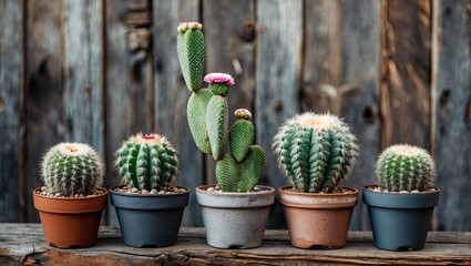 Aufkleber - Colorful cacti in various small pots arranged in a row against a rustic weathered wooden backdrop showcasing earthy tones and textures.