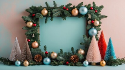 Poster - Pastel Christmas frame featuring evergreen branches and ornaments in gold, blue, and red on a soft turquoise background, ideal for greeting cards.
