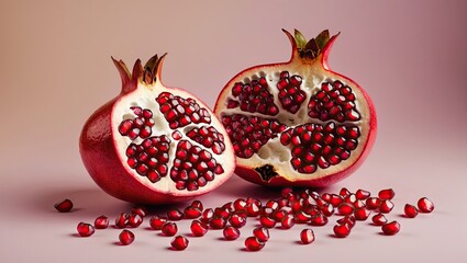 Poster - Pomegranate halves revealing juicy red seeds on a soft pink pastel background with scattered seeds, showcasing vibrant colors and textures.