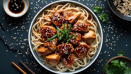 Poster - Delicious chicken teriyaki with noodles topped with sesame seeds on a dark background featuring balsamic sauce and green garnish. Top view.