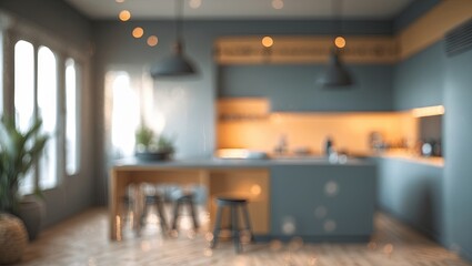 Aufkleber - Abstract blurred kitchen interior showcasing a bokeh effect with warm wood tones and modern fixtures, creating a cozy renovation atmosphere.
