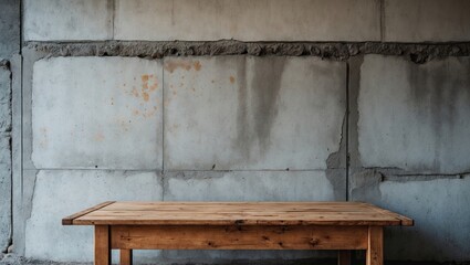 Poster - Weathered cement wall with stain spots in gray hues, featuring a rustic wooden table in the center against a minimalist backdrop.