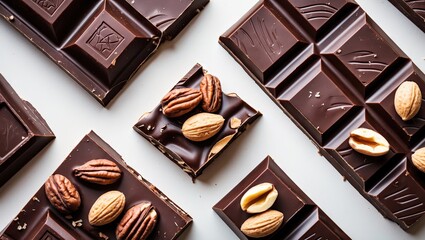 Poster - Handcrafted dark and milk chocolate squares with nuts on a light gray background, arranged artistically in a flat lay top view composition.