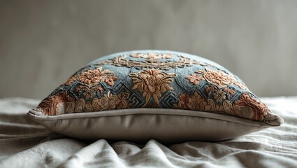Aufkleber - Decorative throw pillow with intricate floral patterns in warm tones of blue and orange positioned centrally on a soft neutral background.
