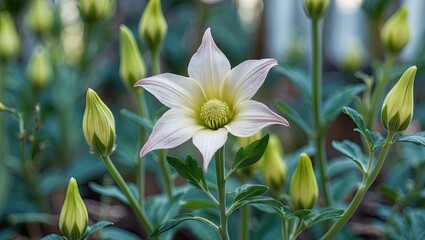 Aufkleber - Datura plant with delicate white and pale yellow flowers surrounded by green foliage and buds showcasing herbal medicinal properties.