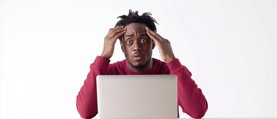 Aufkleber - A person sitting in front of a laptop with an expression of surprise, possibly due to something they saw or read