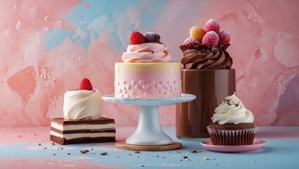 Poster - Pastel dessert display featuring pink and blue background with assorted cakes and cupcakes topped with berries and chocolate on a white cake stand.