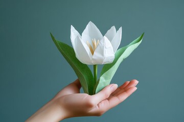 Aufkleber - A person holding a white flower in their hand, suitable for use in editorial or personal projects