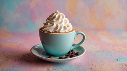Poster - Pastel colored background with light blue coffee cup topped with whipped cream and scattered coffee beans on a plate in foreground.