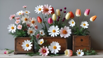 Poster - Vintage wooden boxes filled with vibrant daisies and tulips in pastel shades placed against a soft gray backdrop creating a cheerful interior decor.