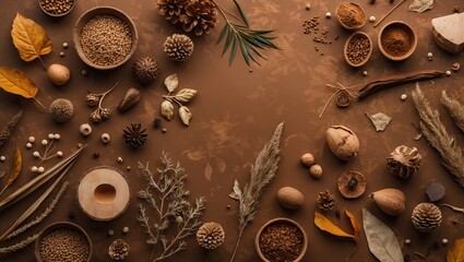 Poster - Natural elements and spices arranged on a brown textured surface with wooden bowls and dried leaves creating an organic earthy composition.
