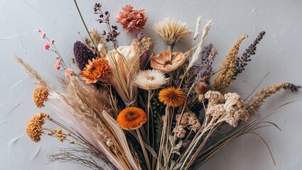 Fototapete - Vibrant bouquet of dried flowers featuring warm orange, beige, and purple hues on a soft light gray background arranged symmetrically.
