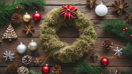 Poster - Natural dried moss Christmas wreath adorned with red bow, surrounded by ornaments in gold, white, and red, pine cones, and green foliage on wood.