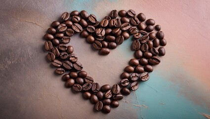 Poster - Heart-shaped arrangement of dark roasted coffee beans on a textured surface with pastel shades of blue and pink in the background.