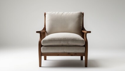 Aufkleber - Elegant wooden armchair with plush cream fabric cushion centered against a soft white backdrop, showcasing a minimalist design and modern aesthetic.