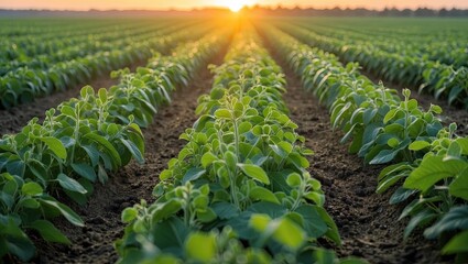 Aufkleber - Sunrise over green crop fields with rows of vibrant plants stretching towards the horizon under a clear sky, creating a serene rural landscape.