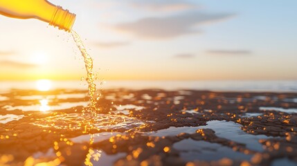 Wall Mural - bottle pouring liquid on sandy beach at sunset with reflections and peaceful atmosphere